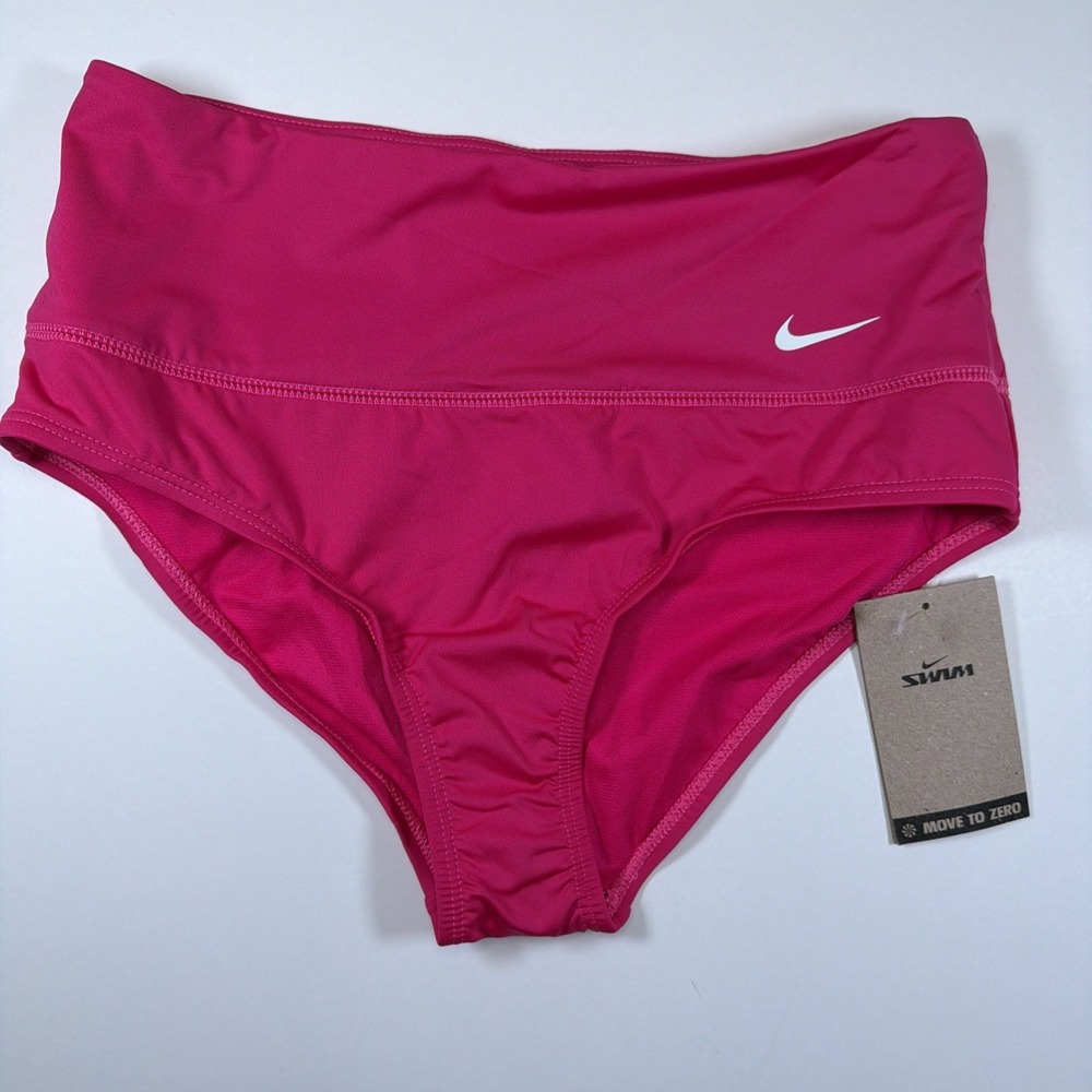 Nike Women's M High-Rise Banded Bikini Bottom NESSA215 Pink Back Pocket Zip $50